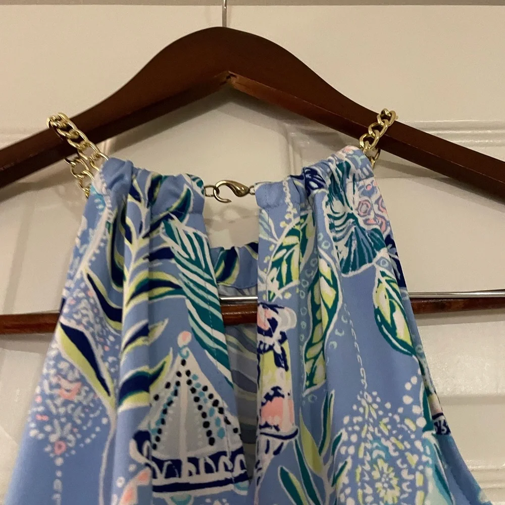 Lilly Pulitzer Blue and Green Patterned Halter Top with chain detail Sz XS - Picture 5 of 7
